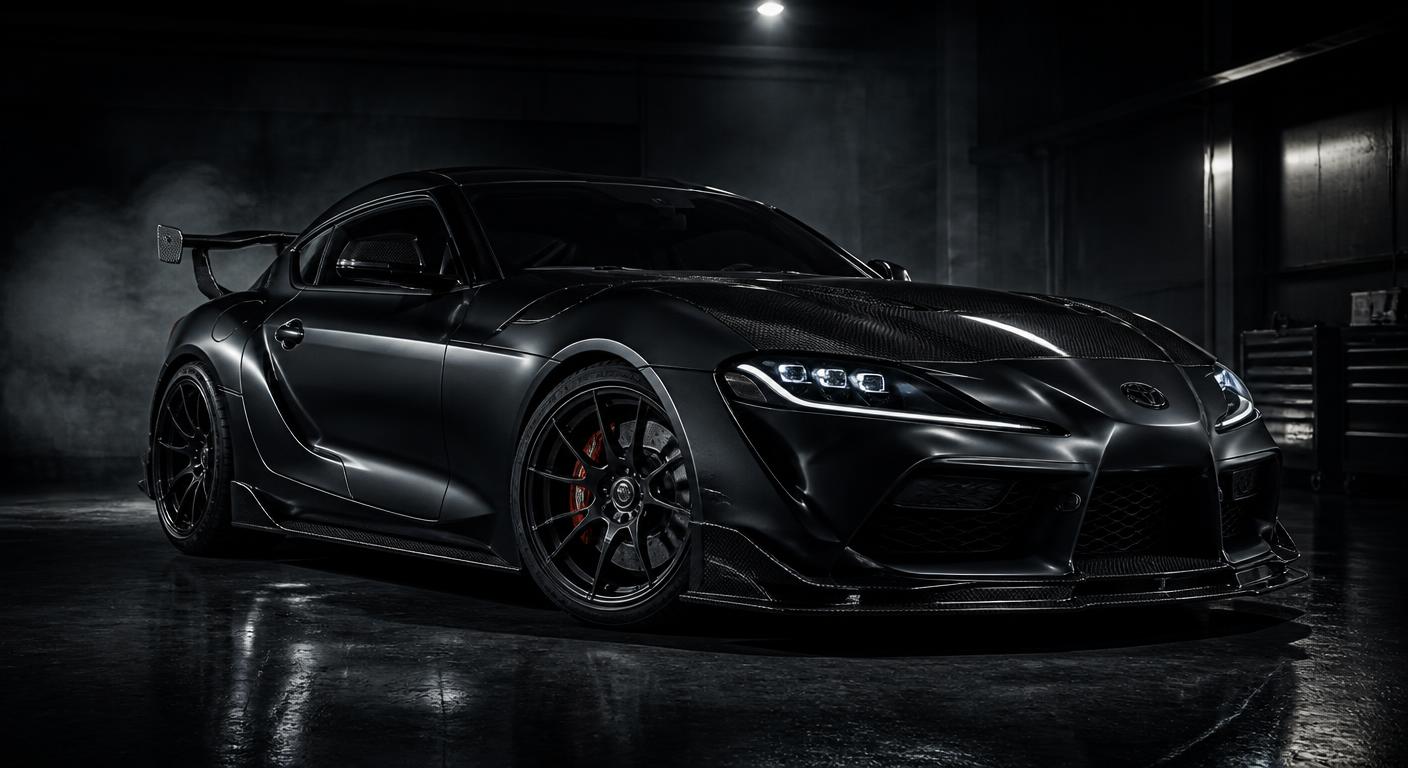 Modified performance car in a dark studio garage